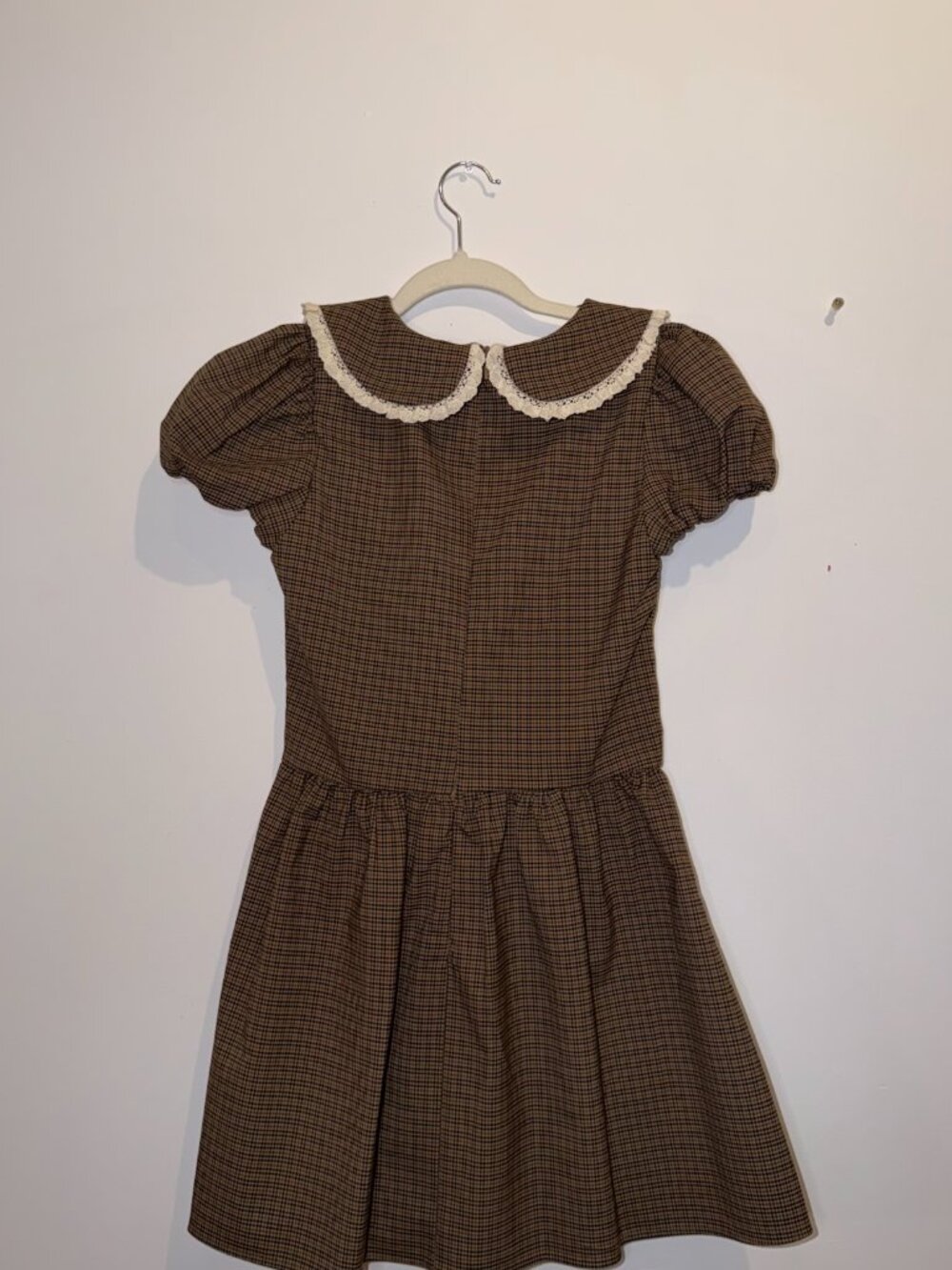 ZARA Brown Check Lace Collar Puff Sleeve Mini Dress Size M NWT - Picture 5 of 6